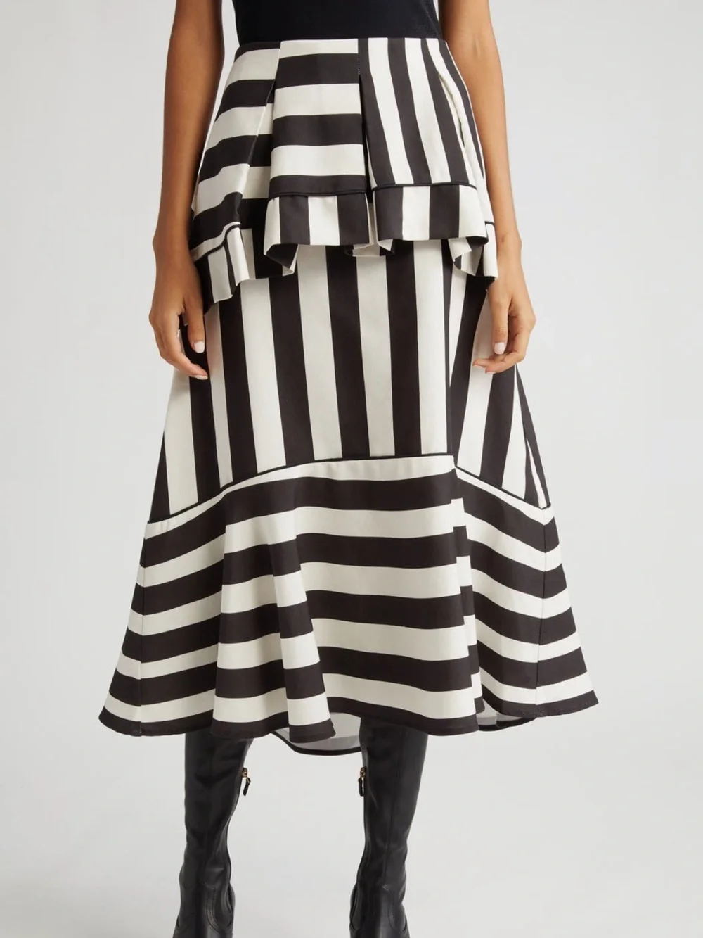 FARM Rio Mixed Stripes A-Line Black and White Ruffled Midi Skirt NWT Size XL